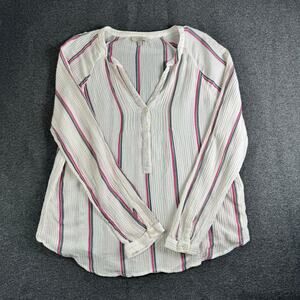 Lucky Brand Striped Peasant Blouse Festival Large Pink Green Boho V Neck Top
